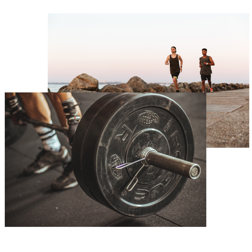 two images consisting of jogging and weightlifting to represent personal training